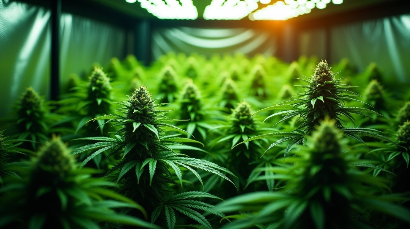 Professional indoor cannabis grow setup with healthy plants under LED lighting in grow tent environment