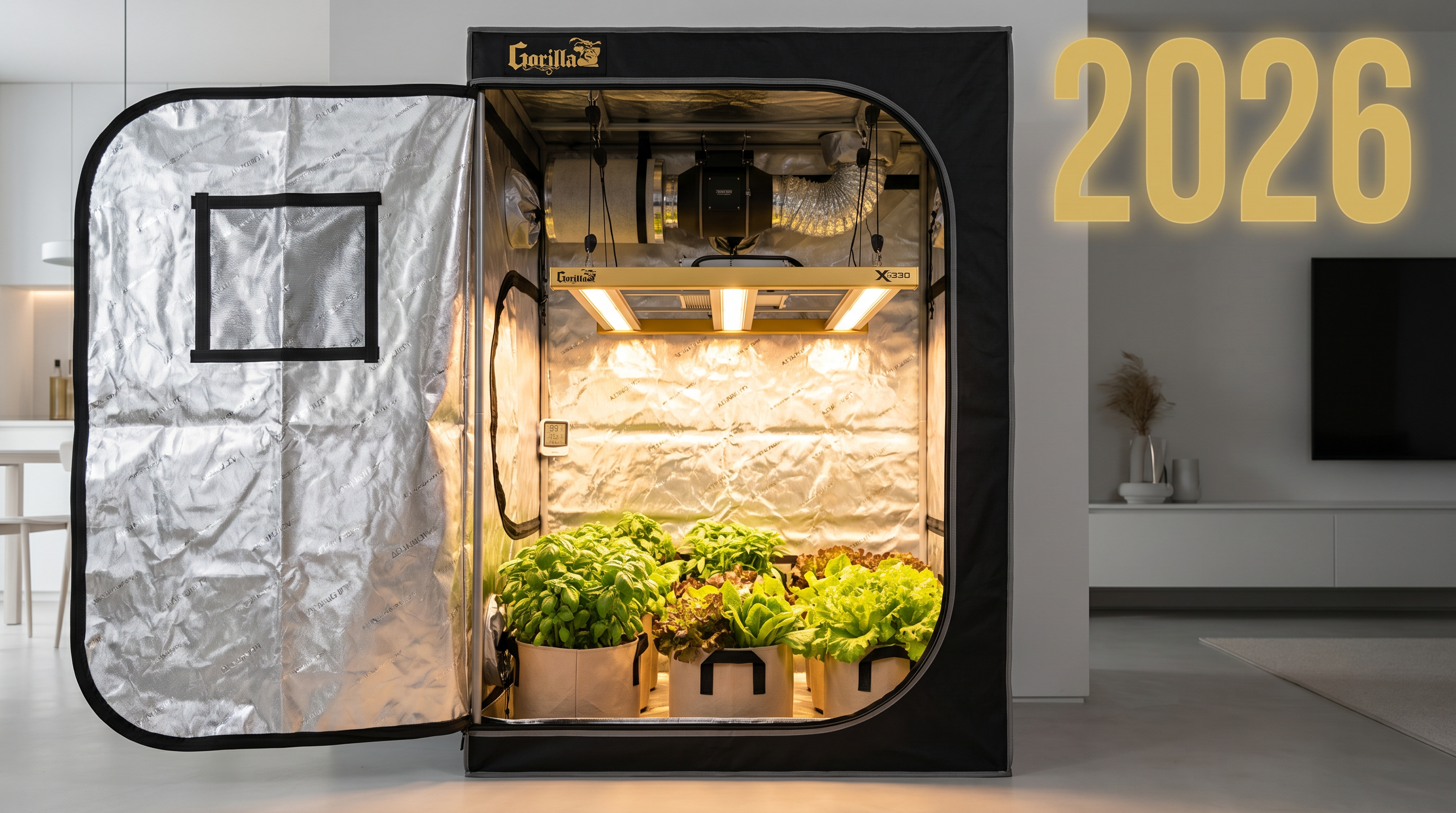 Complete 2026 Gorilla Grow Tent setup — Xi330 LED, smart inline fan, WiFi sensor, basil and lettuce in fabric bags
