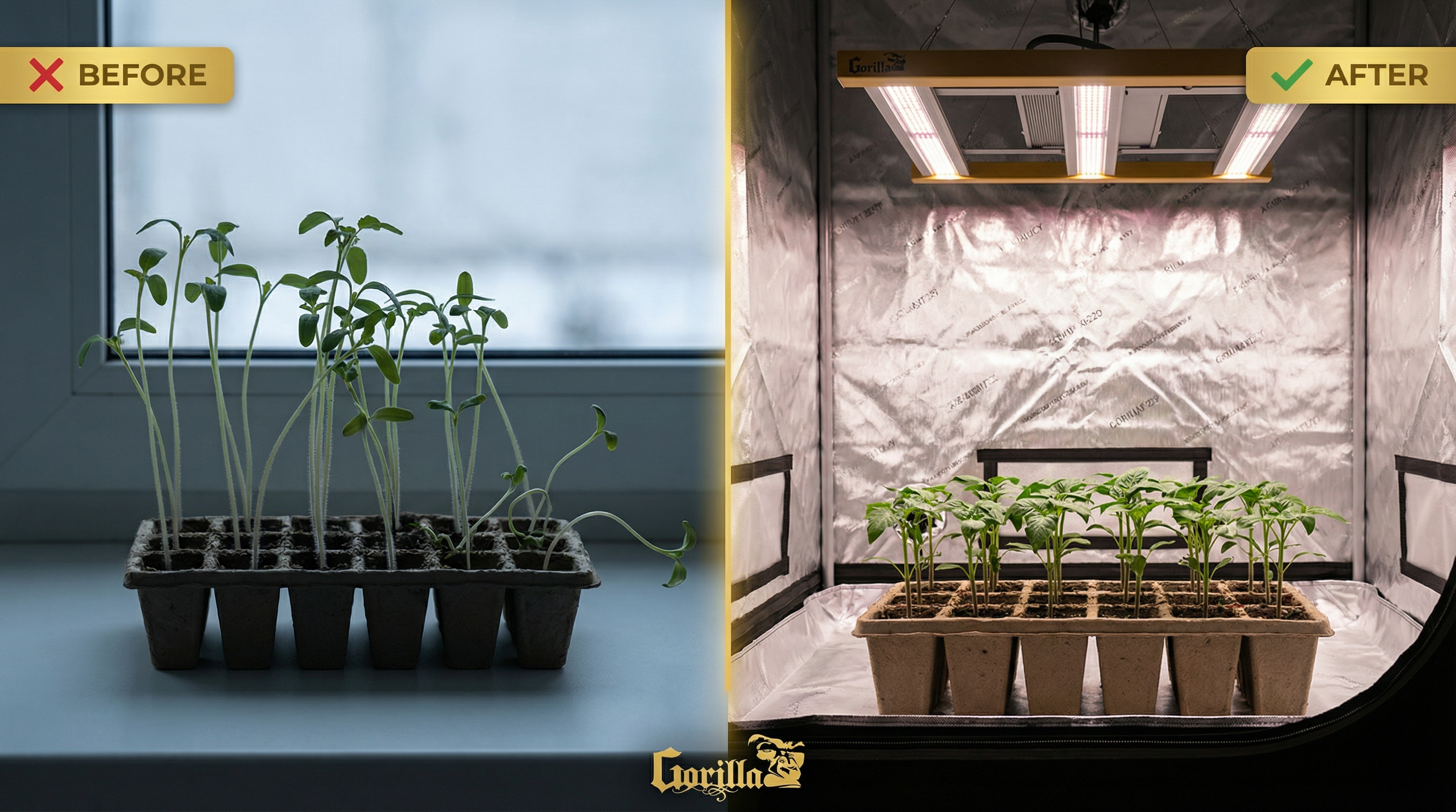 Leggy seedlings before/after — fix with proper LED grow light