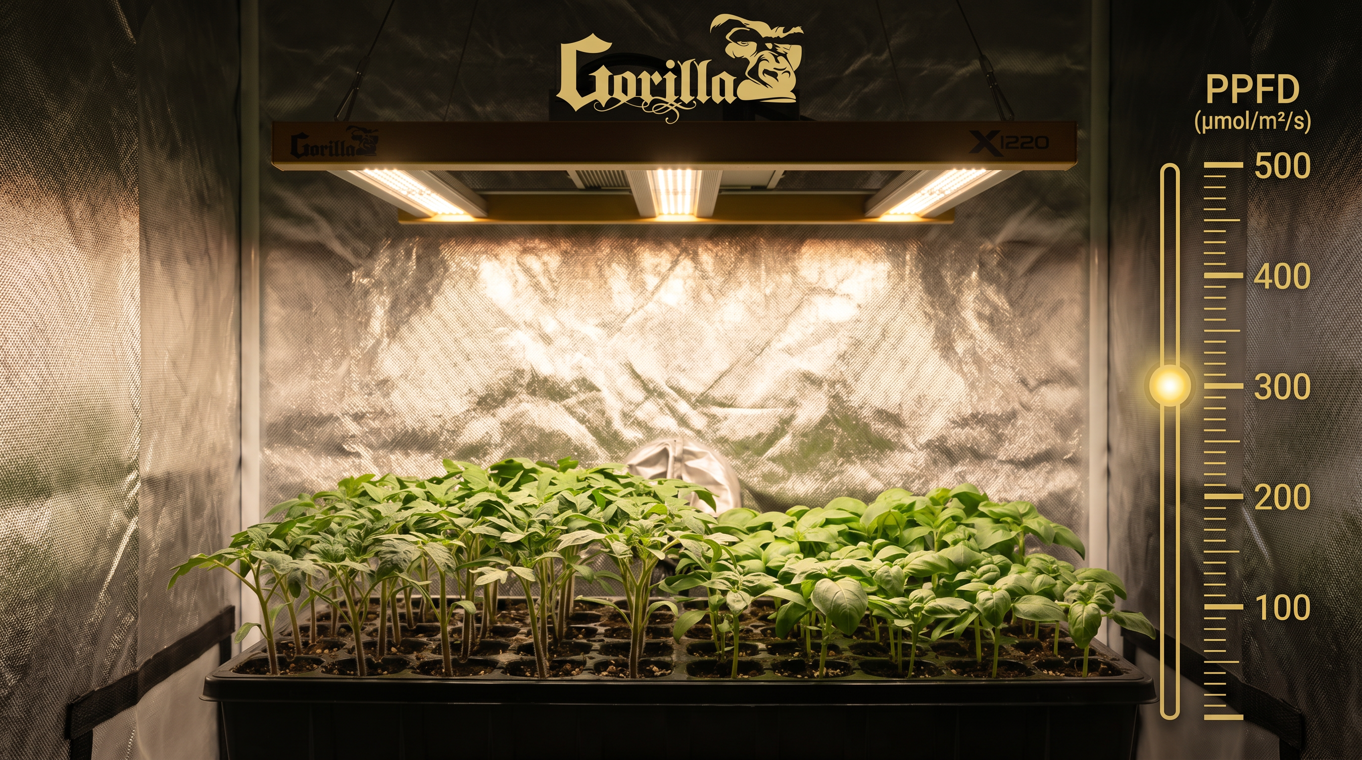 Gorilla Xi220 LED above healthy seedling tray with gold PPFD gauge showing 100-500 µmol/m²/s range