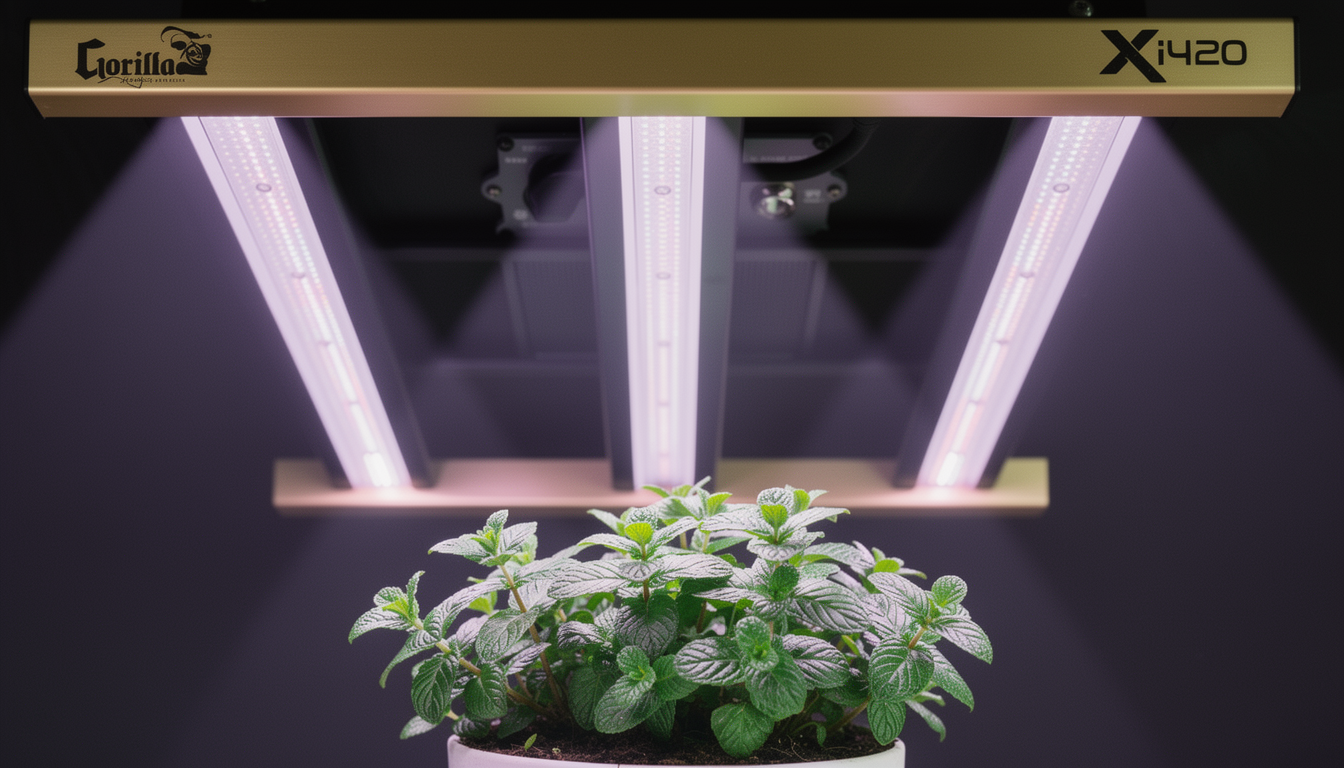 A lush mint plant under a gentle, purple-hued grow light in a modern home interior.
