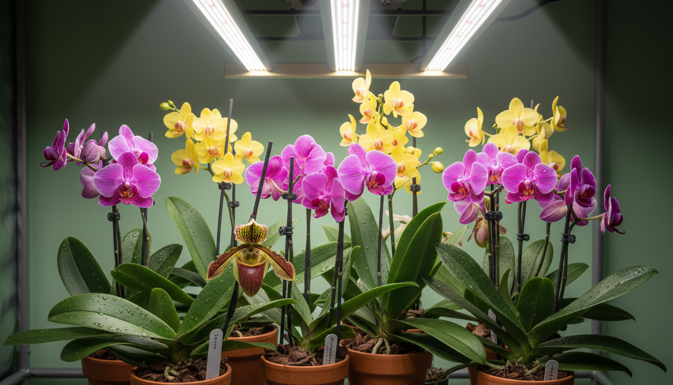 Vibrant blooming orchids of different varieties under a full-spectrum LED grow light.