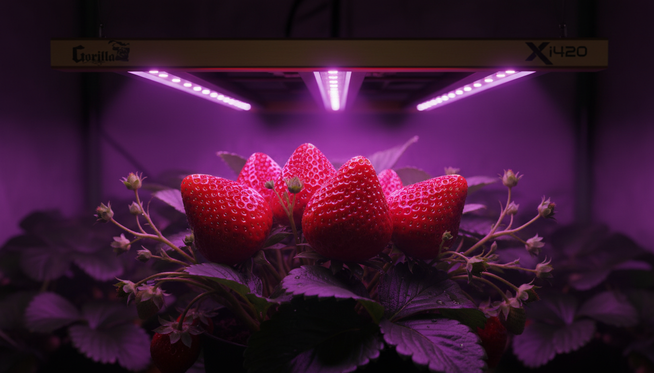 Close-up of ripe strawberries under glowing purple LED grow lights