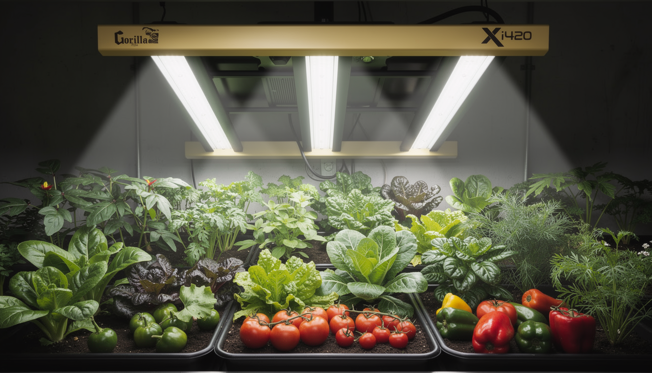 A vibrant indoor garden with various vegetables growing under artificial lights.