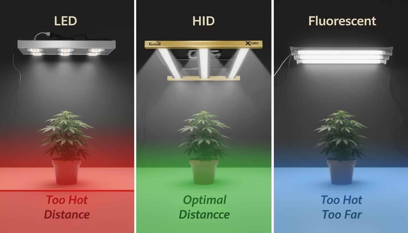 Grow light distance comparison infographic showing LED, HID, and fluorescent lights positioned at optimal heights above cannabis plants with heat zone indicators