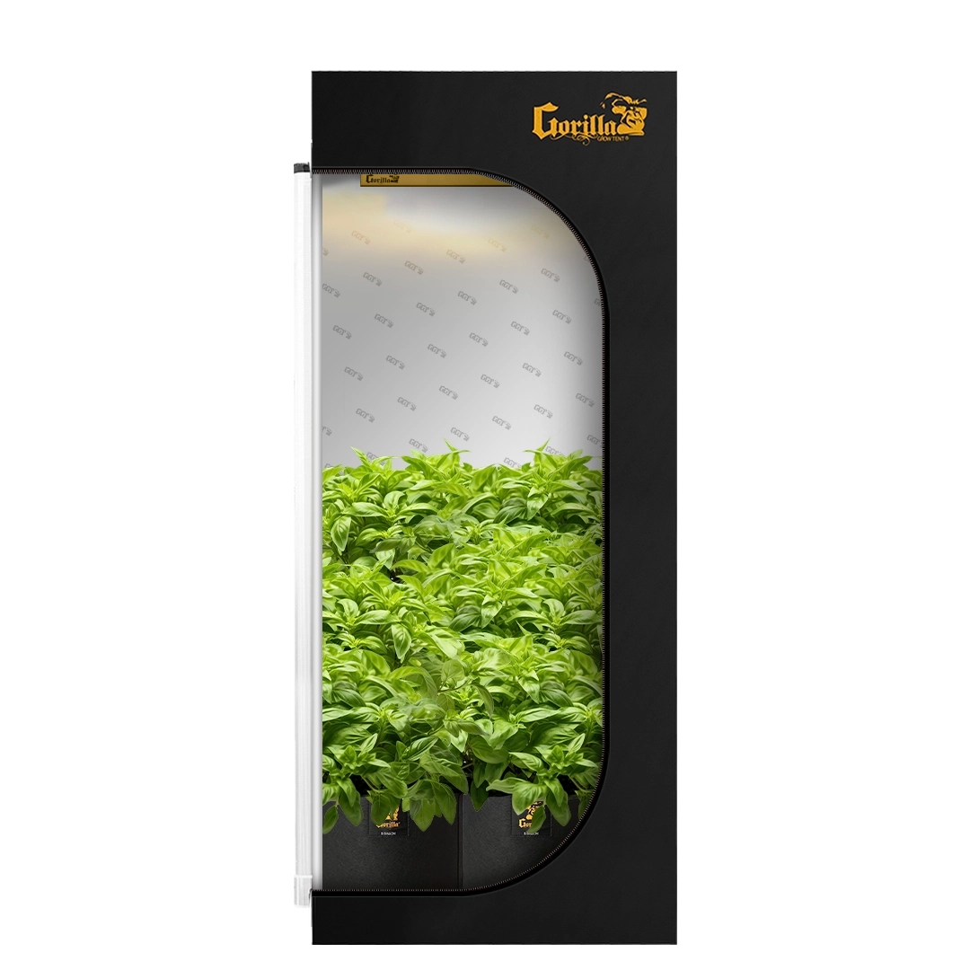 A black grow tent with a transparent window showing green plants inside. The tent has a label with 'Gorilla Grow Tent' written on it.