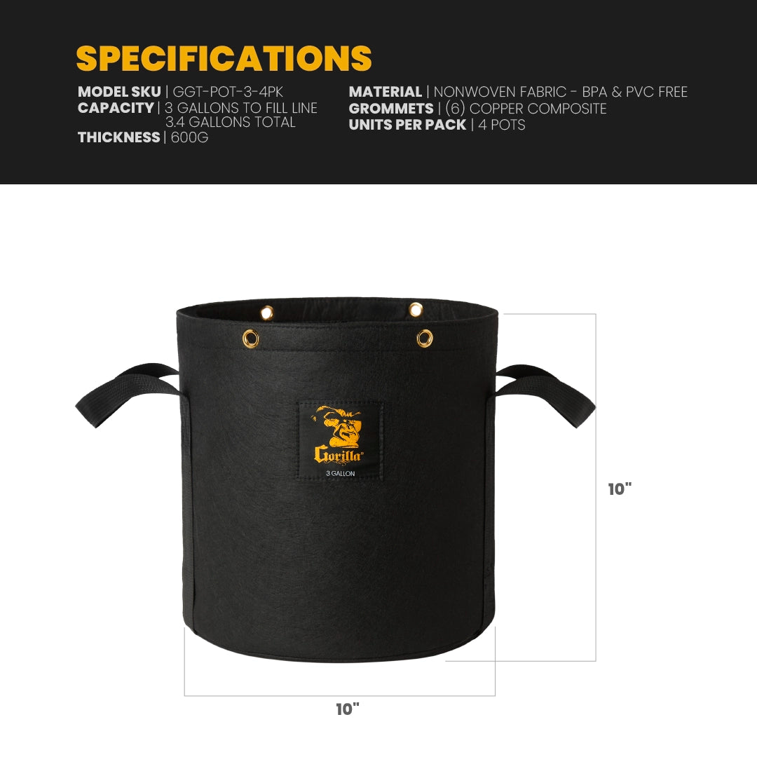 Gorilla 3 Gallon Grow Bag (4 Pack)