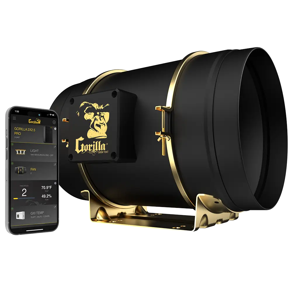A black and gold 8 inch inline fan with a smartphone app interface displayed, indicating wireless control features.