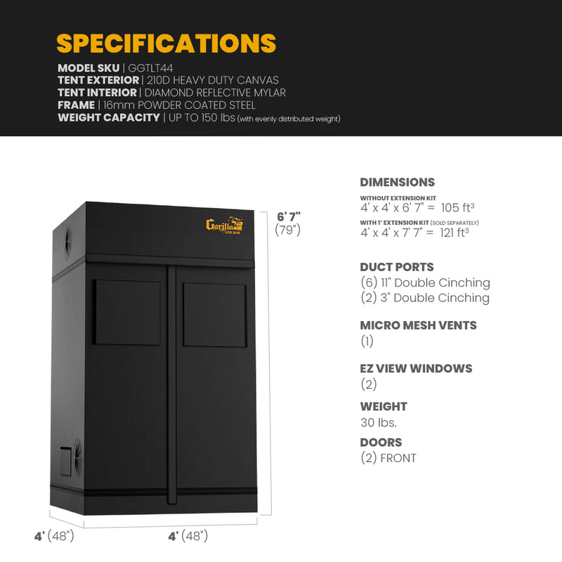 Gorilla LITE LINE Indoor 4x4 Grow Tent with High CFM Kit