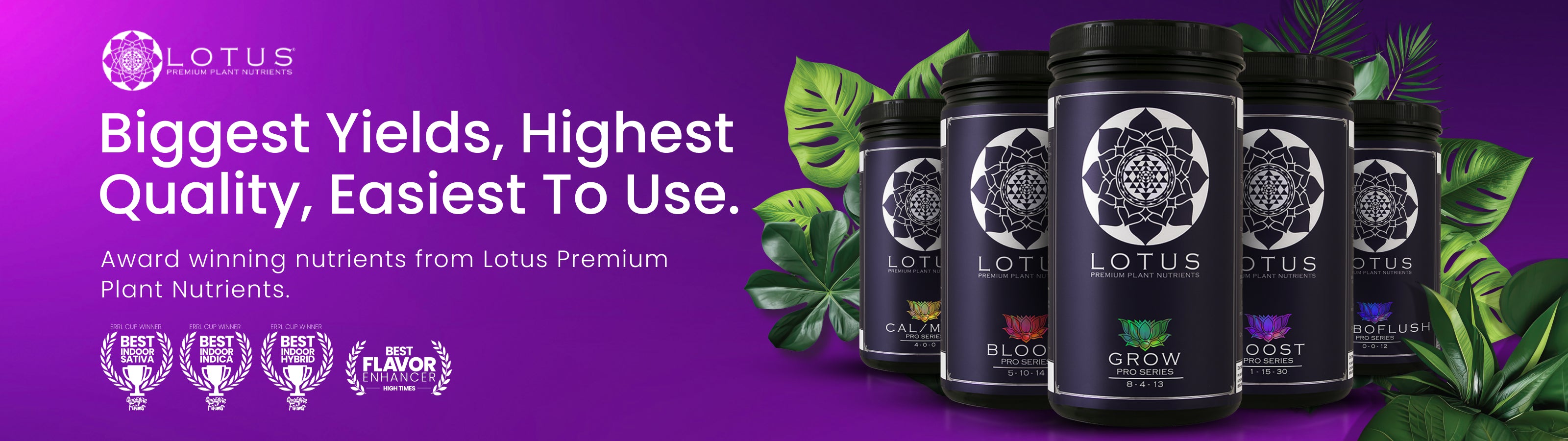 Lotus plant nutrients with branding and product display on a purple background